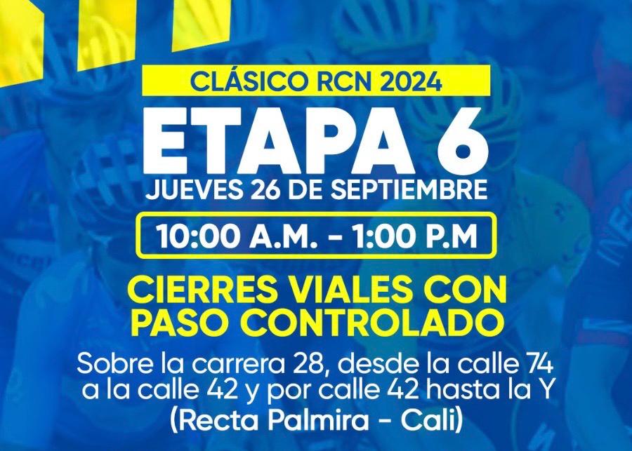 Este jueves, desde las 10 de la mañana, habrá cierres viales en Palmira por el paso del clásico Clásico RCN, hacia Cali