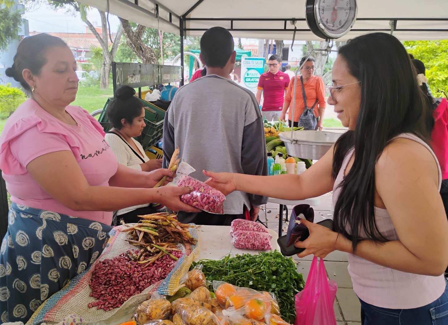 Mujer campesina entregando una bolsa de fríjoles rojos a una clienta en un puesto del Mercado Campesino de Palmira. En primer plano hay hortalizas y legumbres frescas.