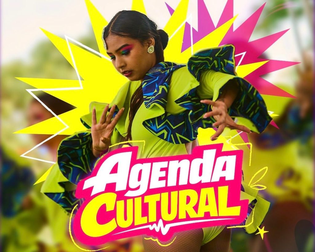 Cartel colorido de "Agenda Cultural" que muestra a una persona joven bailando con un traje folclórico verde neón y azul. El fondo tiene formas geométricas en amarillo y fucsia