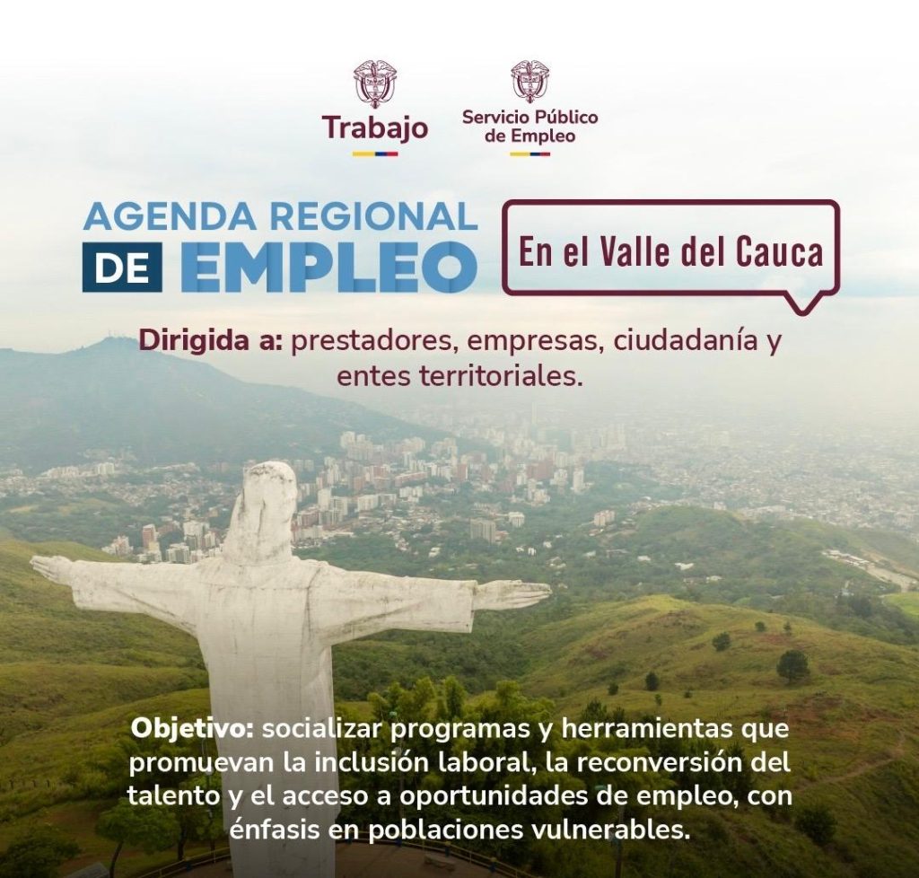 Cartel informativo de la Agenda Regional de Empleo en el Valle del Cauca con una vista aérea del monumento a Cristo Rey en Cali de fondo