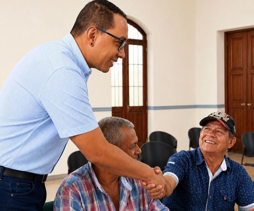 Secretario de Cultura, hombre con camisa azul de rayas finas y gafas sonríe mientras estrecha la mano de otra persona con gorra y camisa azul con puntos blancos, quien se encuentra sentada y le devuelve la sonrisa. En medio de ambos, se aprecia el perfil de otro hombre mayor con camisa a cuadros. El encuentro ocurre en un salón amplio iluminado de la Secretaría de Cultura de Palmira.