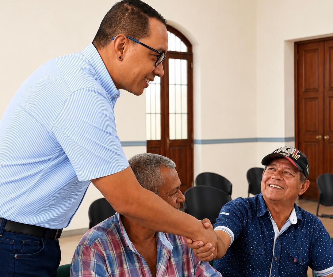 Secretario de Cultura, hombre con camisa azul de rayas finas y gafas sonríe mientras estrecha la mano de otra persona con gorra y camisa azul con puntos blancos, quien se encuentra sentada y le devuelve la sonrisa. En medio de ambos, se aprecia el perfil de otro hombre mayor con camisa a cuadros. El encuentro ocurre en un salón amplio iluminado de la Secretaría de Cultura de Palmira.