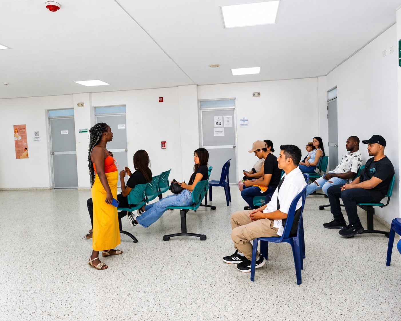 Grupo de personas sentadas en una sala de espera médica mientras una mujer de pie con falda amarilla conversa con una de las usuarias en un entorno clínico iluminado.