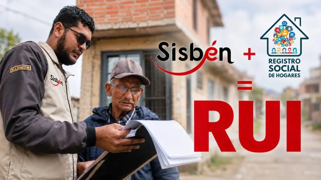 En la foto Un encuestador del Sisbén muestra documentos a un adulto mayor frente a una vivienda, junto al texto explicativo "Sisbén más Registro Social de Hogares es igual a RUI"