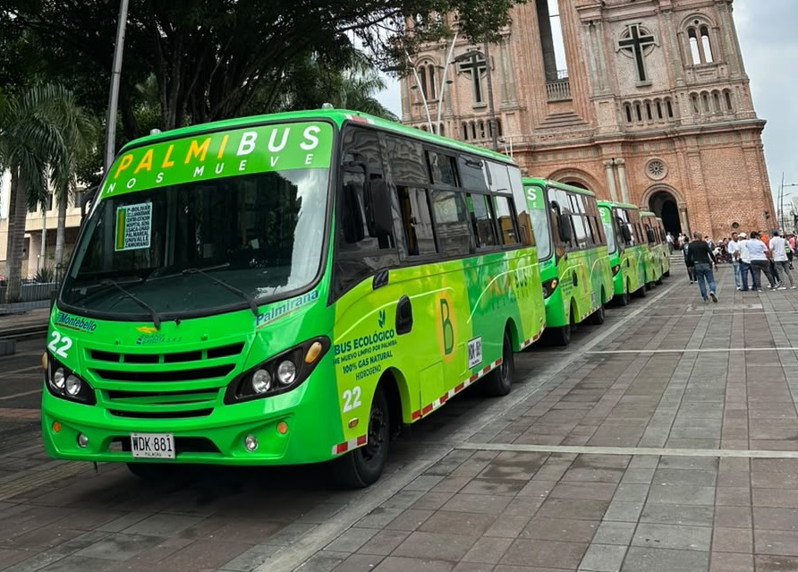 Fila de buses ecológicos de color verde brillante de la empresa Palmibus estacionados frente a la Catedral de Palmira.